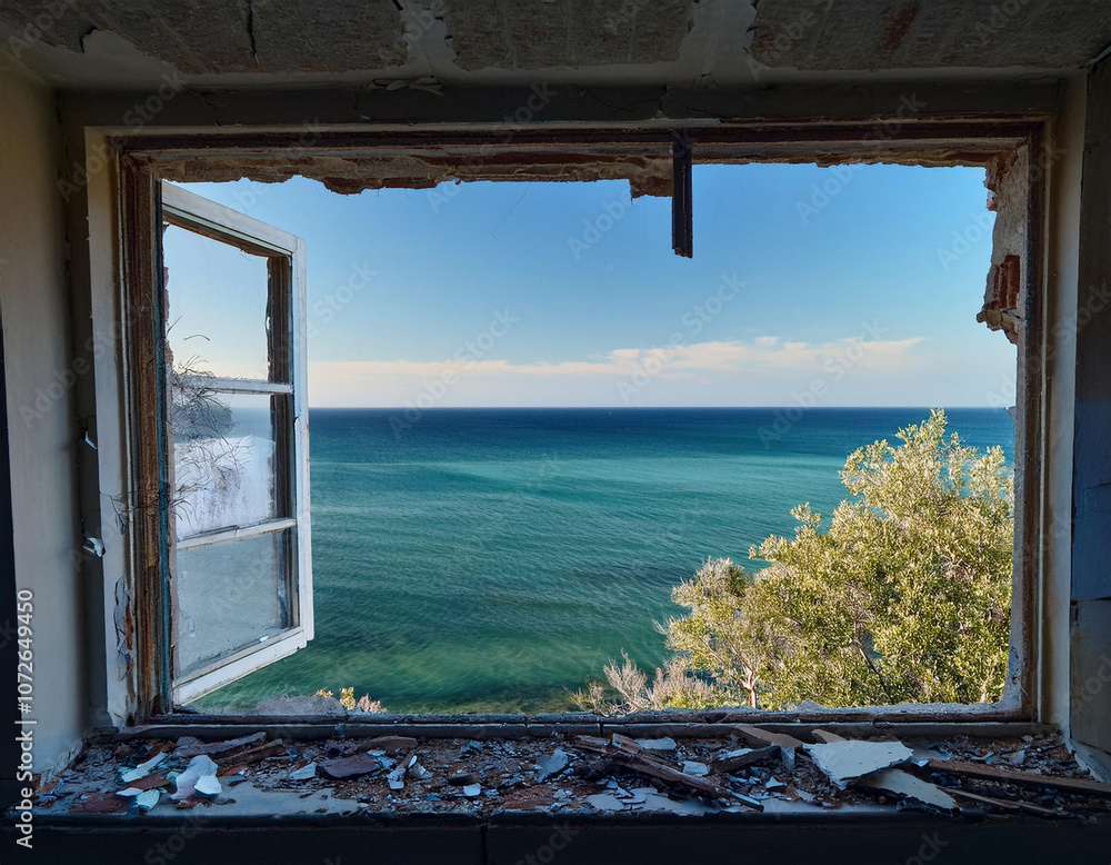 View of turquoise Mediterranean Sea and olive tree through a broken window frame in an abandoned building, with debris scattered along the windowsill. View of turquoise Mediterranean Sea and olive tree through a broken window frame in an abandoned building, with debris scattered along the windowsill.