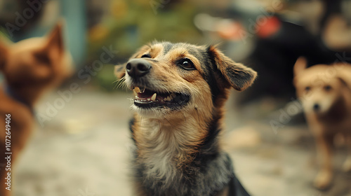 A joyful dog with a wagging tail meeting new friends. photo