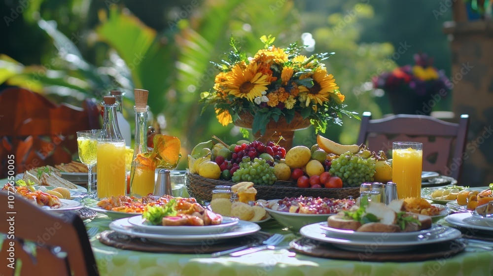 Vibrant Outdoor Brunch Table Decorated with Flowers Vibrant Outdoor Brunch Table Decorated with Flowers
