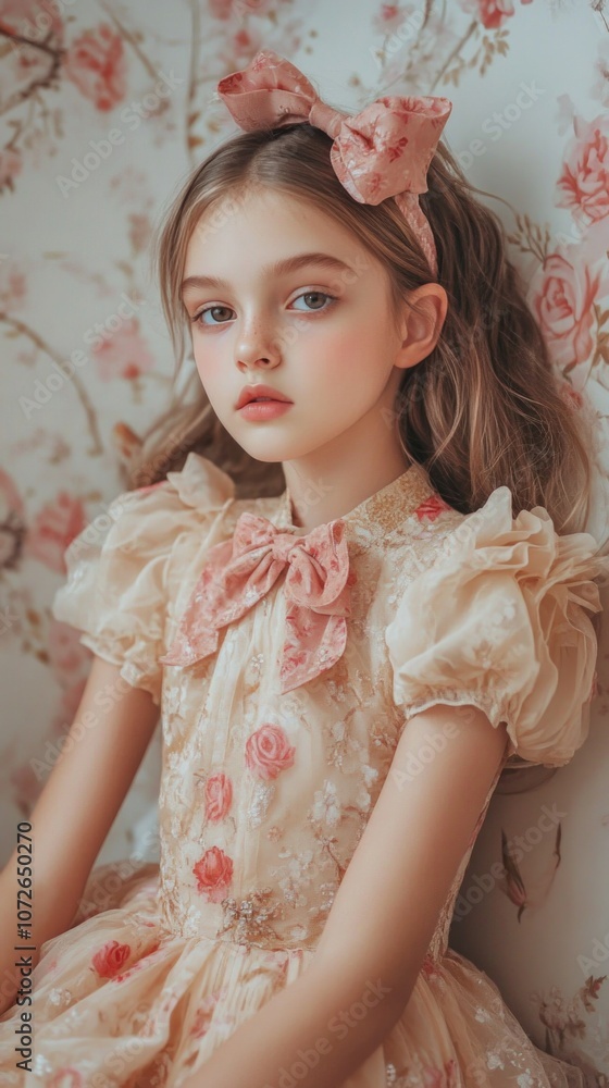 Fototapeta premium Elegant young girl in floral dress with bow headband against floral wallpaper, capturing the essence of girlhood design