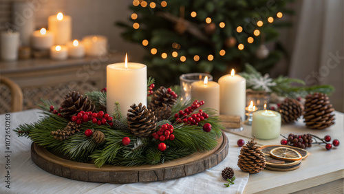 Winter composition, a table with a Christmas composition of pine needles, cones and candles