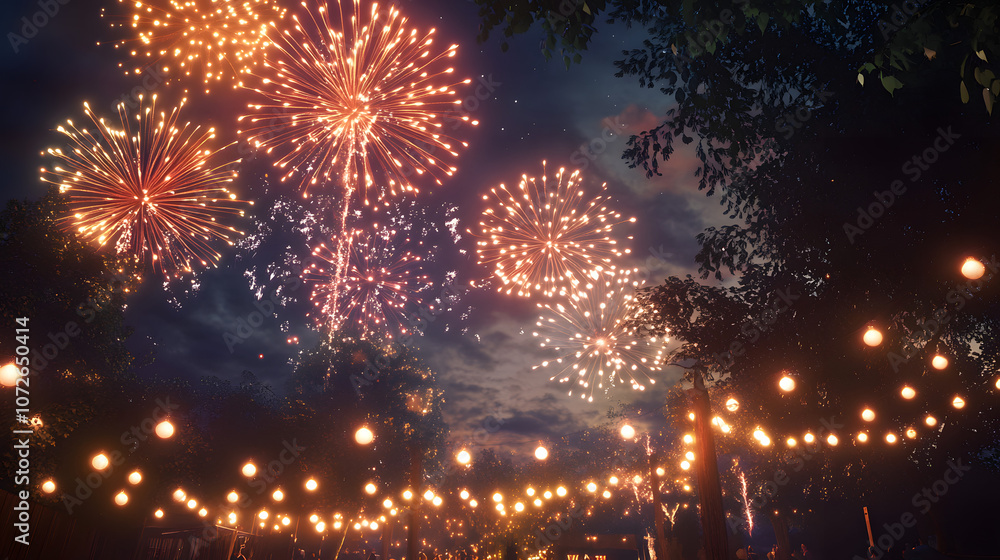 A joyous celebration with fireworks lighting up the night sky. A joyous celebration with fireworks lighting up the night sky.