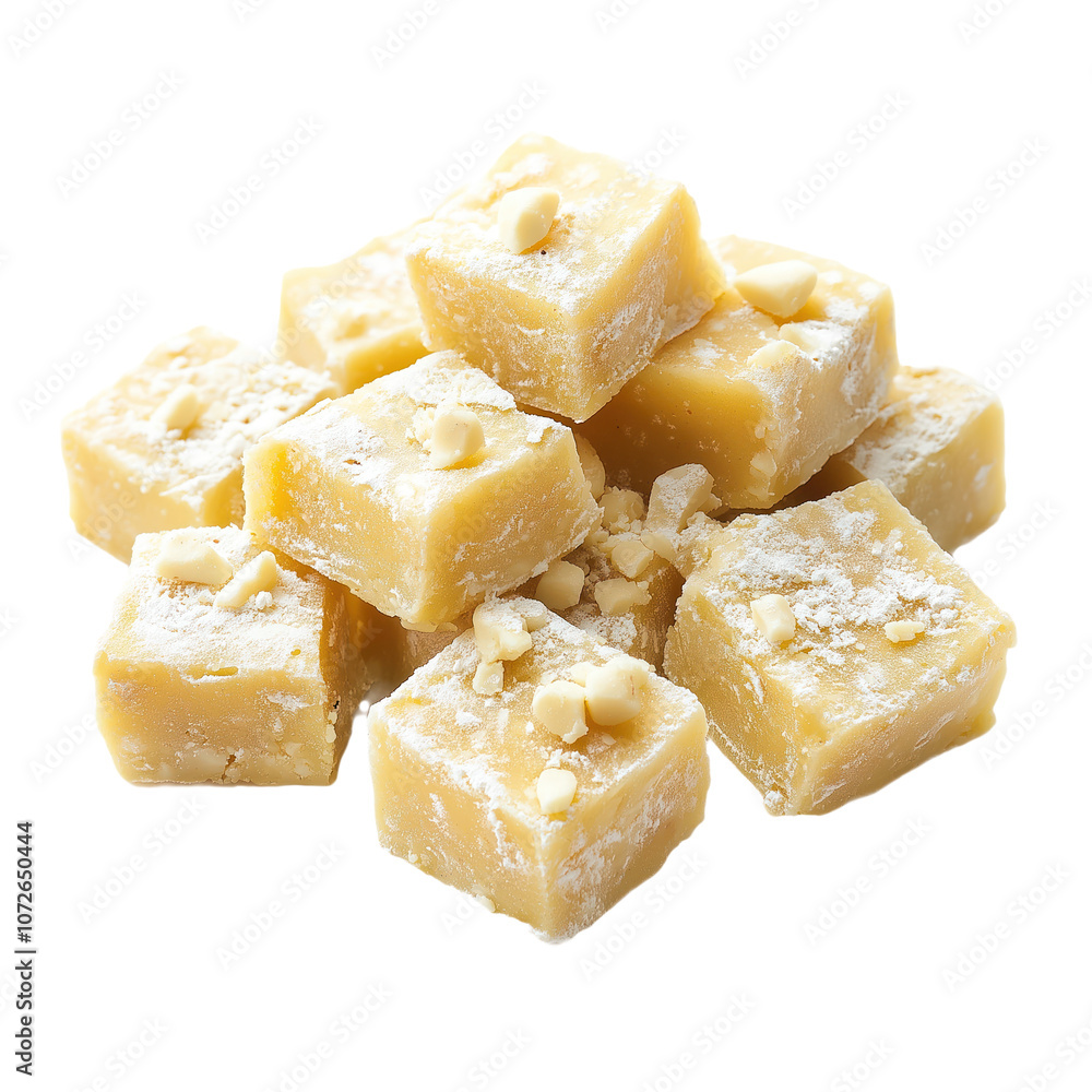 Mava burfi, traditional Indian sweet, made with milk powder, sugar, coconut. Cubes dusted with powdered sugar, sprinkled with white chocolate pieces. Homemade dessert, often made during festivals. Png Mava burfi, traditional Indian sweet, made with milk powder, sugar, coconut. Cubes dusted with powdered sugar, sprinkled with white chocolate pieces. Homemade dessert, often made during festivals. Png