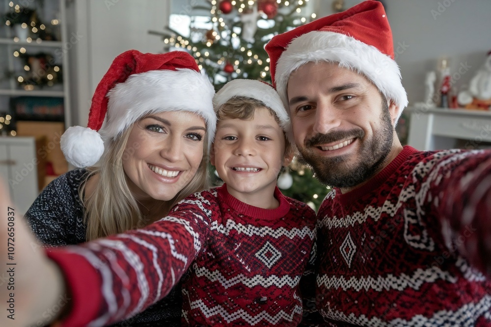 Happy family christmas selfie with santa hats and sweaters by decorated tree Happy family christmas selfie with santa hats and sweaters by decorated tree