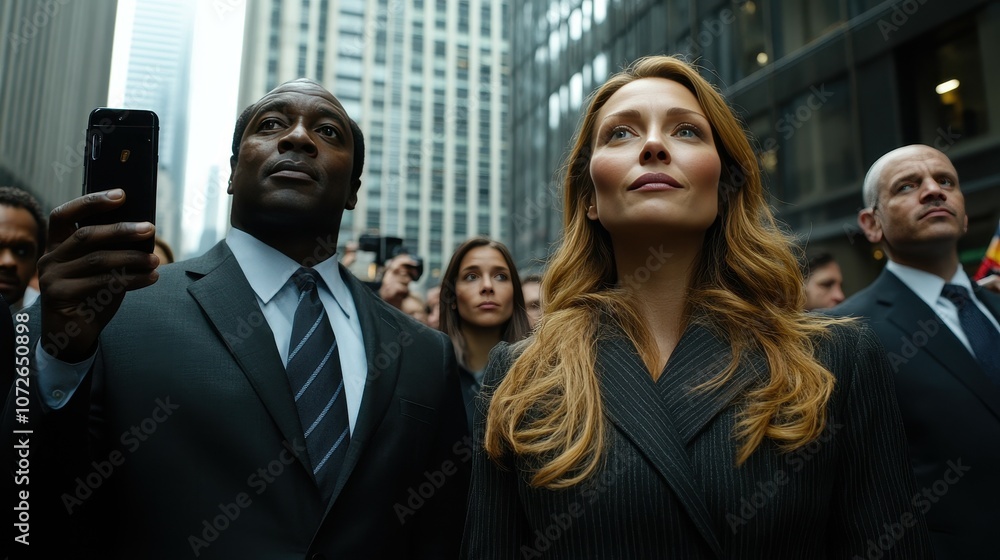 A man and woman are standing in a crowd, the man taking a picture of the woman. The man is wearing a suit and tie, and the woman is wearing a black dress. Scene is formal and professional A man and woman are standing in a crowd, the man taking a picture of the woman. The man is wearing a suit and tie, and the woman is wearing a black dress. Scene is formal and professional