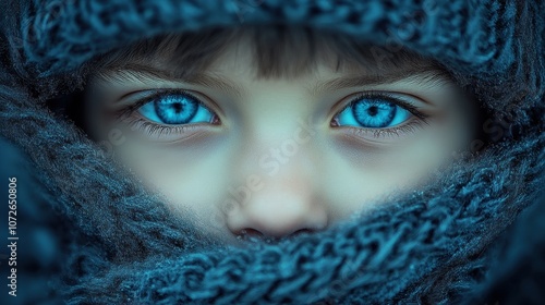 A young girl with blue eyes is wearing a blue scarf. The scarf is wrapped around her face, covering her eyes and nose. Concept of mystery and intrigue, as the girl's face is partially hidden from view