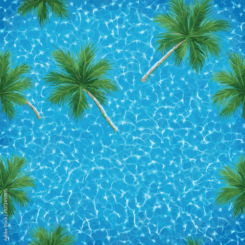 Panorama banner photo of idyllic tropical beach with palm tree, Shadow of a palm tree on a blue water background. Reflection of coconut trees and sugar palm trees in turquoise color swimming pool.	