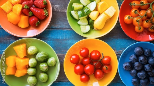 Wallpaper Mural Fresh Fruits and Vegetables in Colorful Bowls Torontodigital.ca