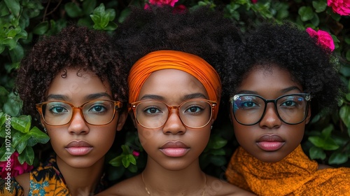 Three women with curly hair and glasses are posing for a photo. The women are wearing different colored scarves and glasses, and they are all smiling. Scene is cheerful and friendly photo