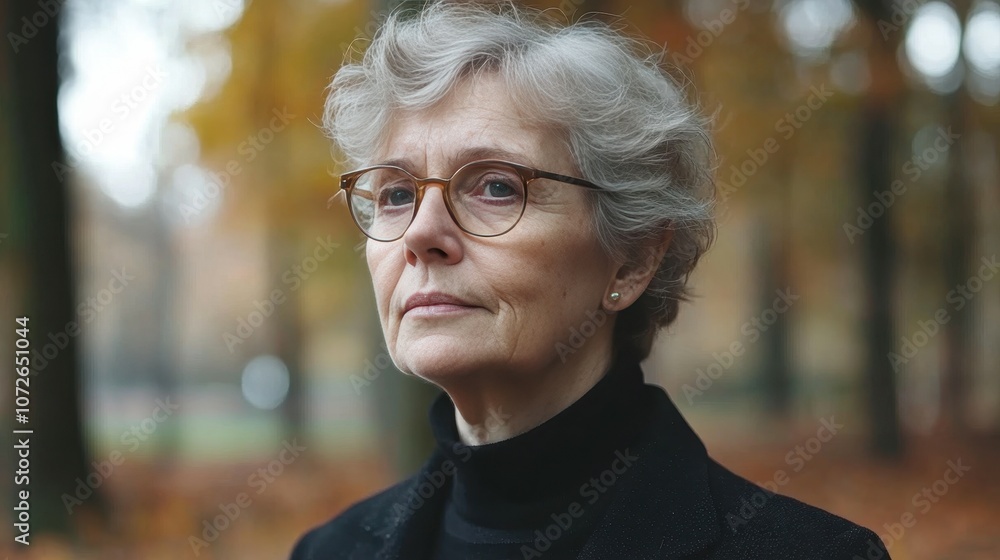 A woman with glasses and a black sweater is standing in a park. She looks sad and lonely A woman with glasses and a black sweater is standing in a park. She looks sad and lonely