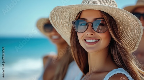 A woman wearing a straw hat and sunglasses is smiling at the camera. She is standing on a beach with the ocean in the background