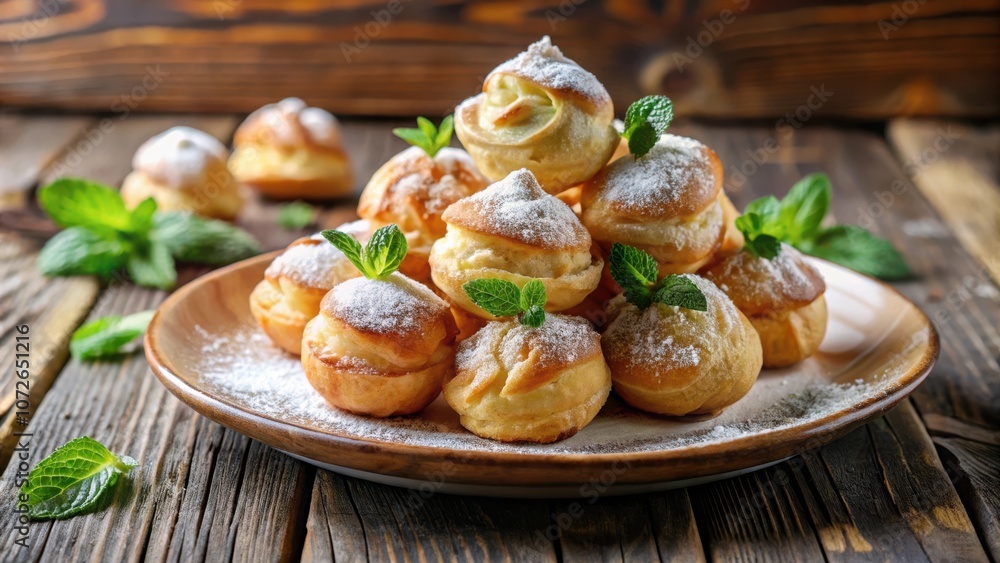 Sweet and Delicious Cream Puffs Decorated with Powdered Sugar and Fresh Mint Leaves on a Rustic Wooden Table Sweet and Delicious Cream Puffs Decorated with Powdered Sugar and Fresh Mint Leaves on a Rustic Wooden Table