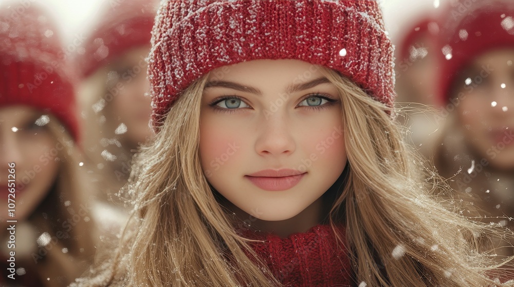 A girl wearing a red hat and a red scarf. She has a smile on her face. The image is of a group of girls wearing red hats and scarves A girl wearing a red hat and a red scarf. She has a smile on her face. The image is of a group of girls wearing red hats and scarves