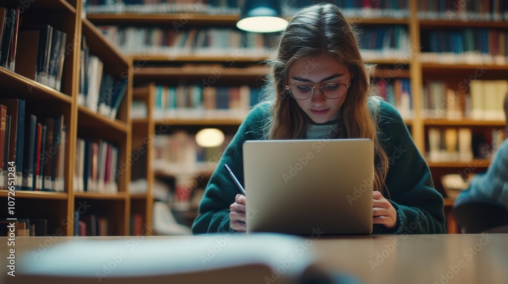Focused student taking notes from laptop in library Focused student taking notes from laptop in library
