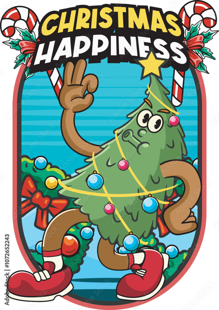Fototapeta premium Vector Illustration of Christmas Tree Mascot with Retro Mascot Illustration Available for Logo Badge