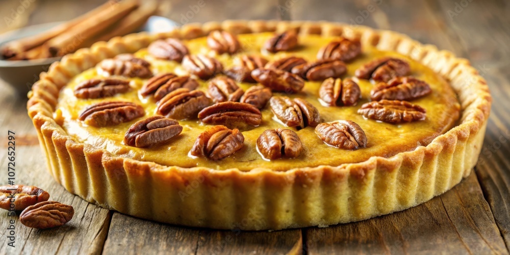 A golden-brown crust, a smooth creamy filling, and pecan nuts arranged in a pleasing pattern - this homemade pie is a tempting treat. A golden-brown crust, a smooth creamy filling, and pecan nuts arranged in a pleasing pattern - this homemade pie is a tempting treat.