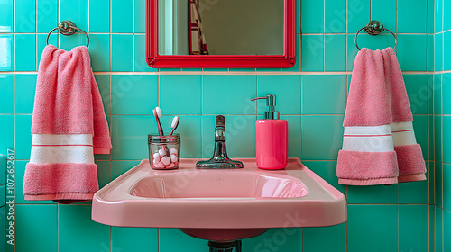 Lavabo rose dans une salle de bain vintage