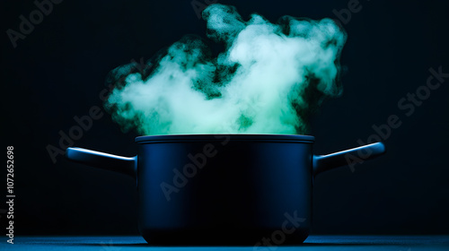 Cocotte en fonte noir avec fumée verte sur fond noir photo