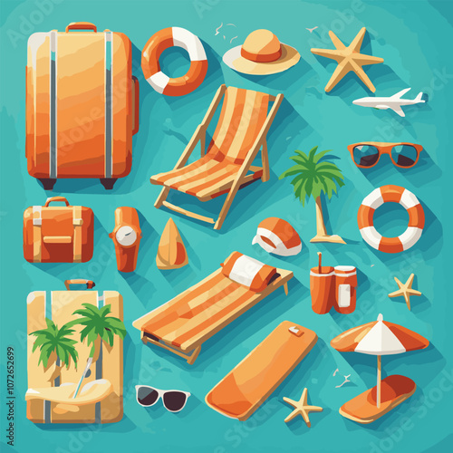 Summer vacation loungers on sea beach landscape beautiful seascape banner seaside holiday vector illustration. Summer vacation on a sandy beach. Happy hot vacation. Vector illustration.	