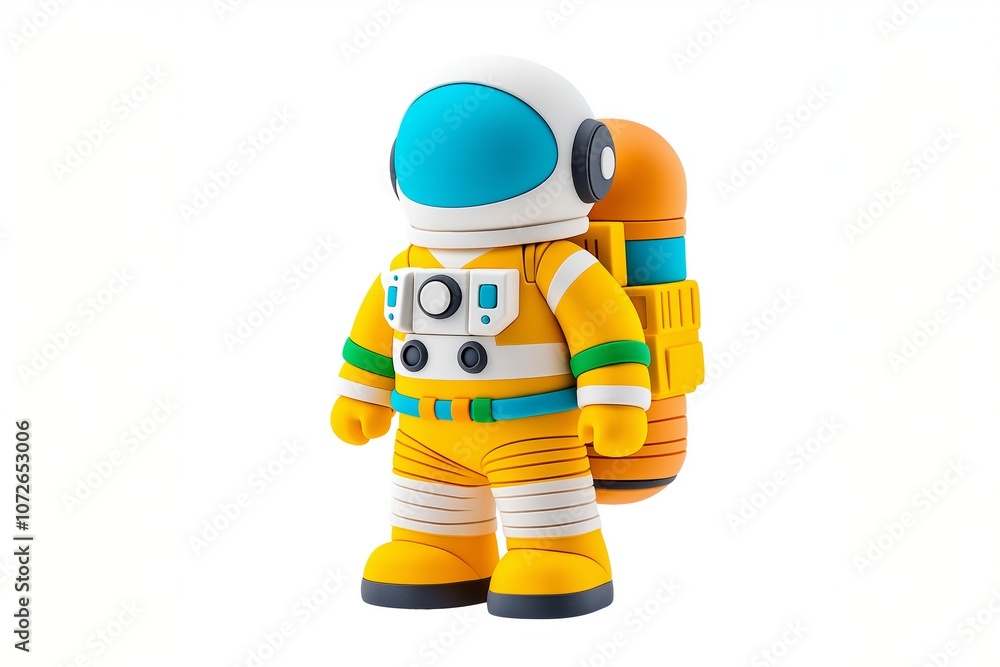 Stylized astronaut figure with futuristic spacesuit and backpack on white background. Science fiction and space exploration concept Stylized astronaut figure with futuristic spacesuit and backpack on white background. Science fiction and space exploration concept