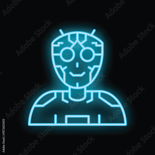 Neon blue alien being with electronic circuits is smiling and looking forward