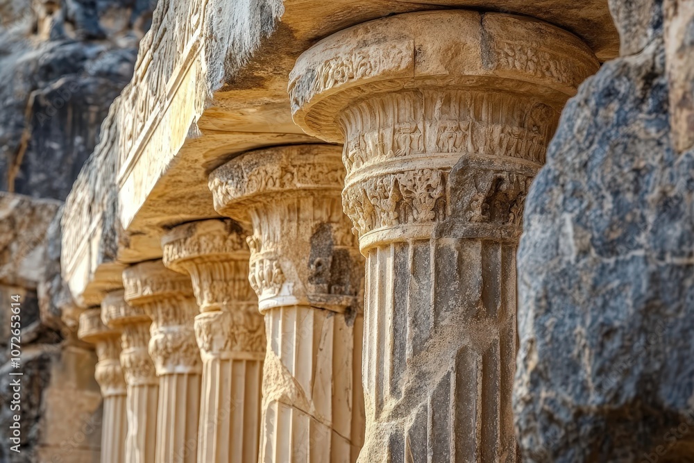 Close-up of Ancient Doric Columns with Intricate Details, Highlighting Classical Greek Architecture in Ruins with Mountainous Landscape Background Close-up of Ancient Doric Columns with Intricate Details, Highlighting Classical Greek Architecture in Ruins with Mountainous Landscape Background
