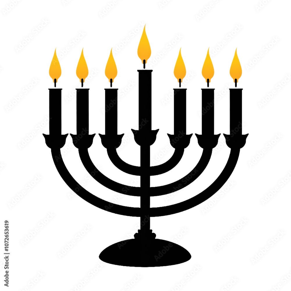 Fototapeta premium Black silhouette of menorah with lit candles, representing Hanukkah festival, Jewish celebration of, miracles. Design for in religious artwork, cultural decor, holiday celebrations. Used to Isolated.