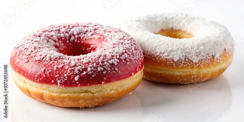 A red and white glazed donut with powdered sugar dusting. The donuts sit side by side, a delightful contrast in color.