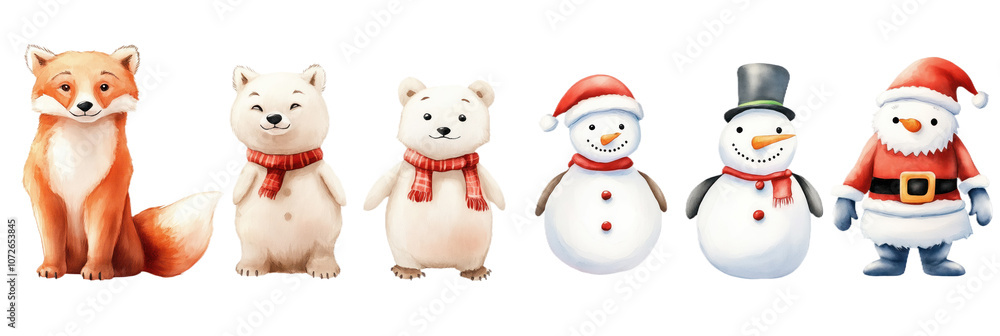 Cute watercolor characters isolated on transparent background. Fox, polar bears, penguin, snowman, Santa Claus. Perfect for holiday design, greeting cards, invitations, Christmas decor, New Year Png. Cute watercolor characters isolated on transparent background. Fox, polar bears, penguin, snowman, Santa Claus. Perfect for holiday design, greeting cards, invitations, Christmas decor, New Year Png.