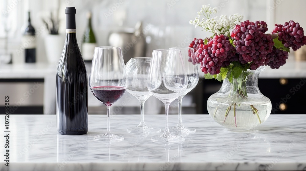 Elegant Wine Setup with Glasses and Grapes Elegant Wine Setup with Glasses and Grapes