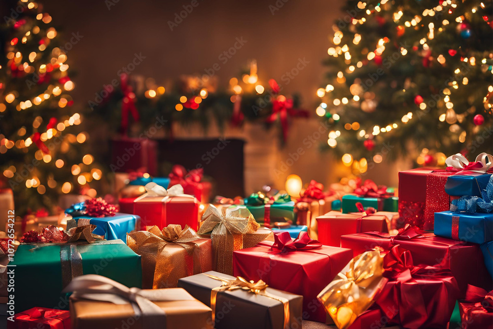 Cozy Christmas Living Room with Tree, Gifts, and Fireplace Decorated in Lights, A warm living room with a decorated Christmas tree, gifts, and a glowing fireplace Cozy Christmas Living Room with Tree, Gifts, and Fireplace Decorated in Lights, A warm living room with a decorated Christmas tree, gifts, and a glowing fireplace