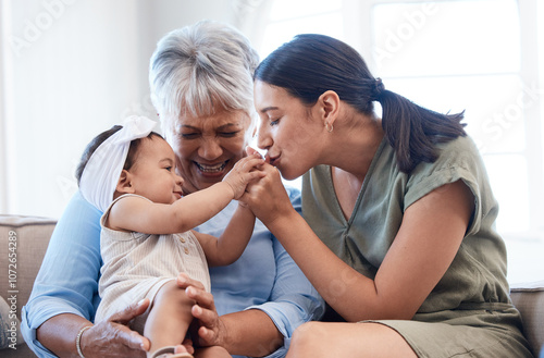 Love, relax and baby with mother and grandma in living room for playing and bonding together. Fun, kiss and infant child with mom and senior woman for generational family time on sofa in home.