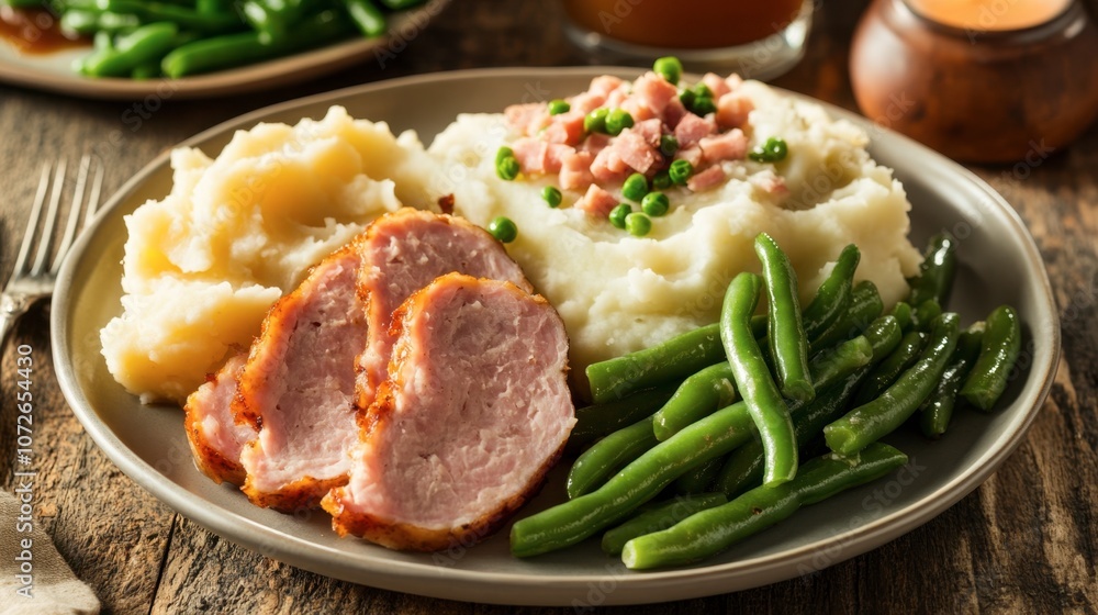 Delicious Plate of Ham with Mashed Potatoes and Greens Delicious Plate of Ham with Mashed Potatoes and Greens