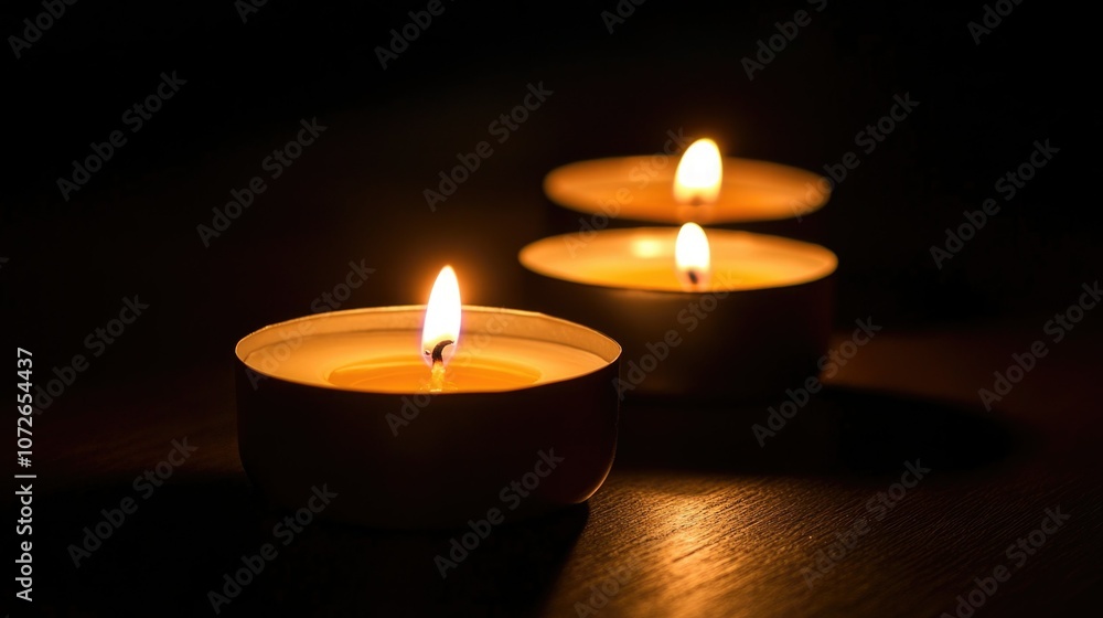 Three glowing tea light candles on dark surface, symbolizing the warmth and light of hanukkah Three glowing tea light candles on dark surface, symbolizing the warmth and light of hanukkah