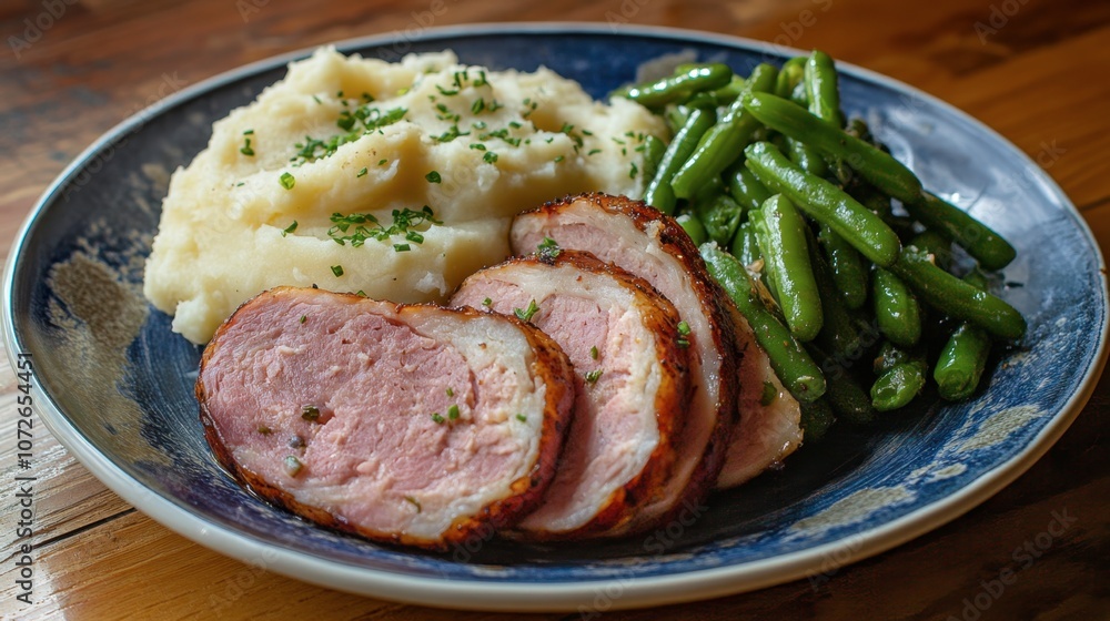 Delicious Plate of Pork, Mashed Potatoes, and Green Beans Delicious Plate of Pork, Mashed Potatoes, and Green Beans