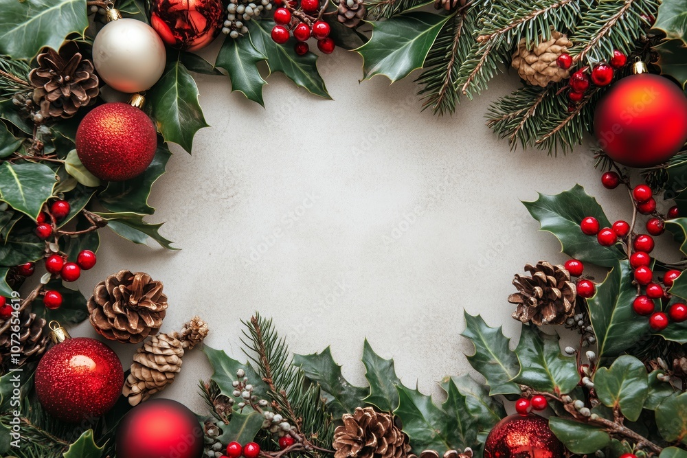 Christmas decoration frame on a white background with copy space, top view. Christmas spread with classic elements like baubles, snowflakes, holly leaves, and bells placed around the border Christmas decoration frame on a white background with copy space, top view. Christmas spread with classic elements like baubles, snowflakes, holly leaves, and bells placed around the border
