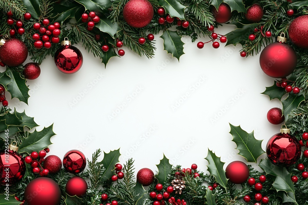 Christmas decoration frame on a white background with copy space, top view. Christmas spread with classic elements like baubles, snowflakes, holly leaves, and bells placed around the border Christmas decoration frame on a white background with copy space, top view. Christmas spread with classic elements like baubles, snowflakes, holly leaves, and bells placed around the border