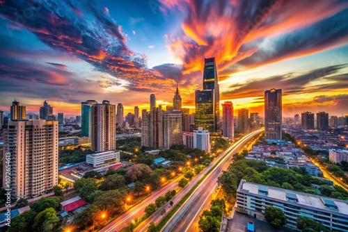 Breathtaking Wide-Angle Long Exposure of a Bustling City Skyline at Sunset Showcasing Modern Skyscrapers Against a Vibrant Colorful Sky Emphasizing Urban Vastness