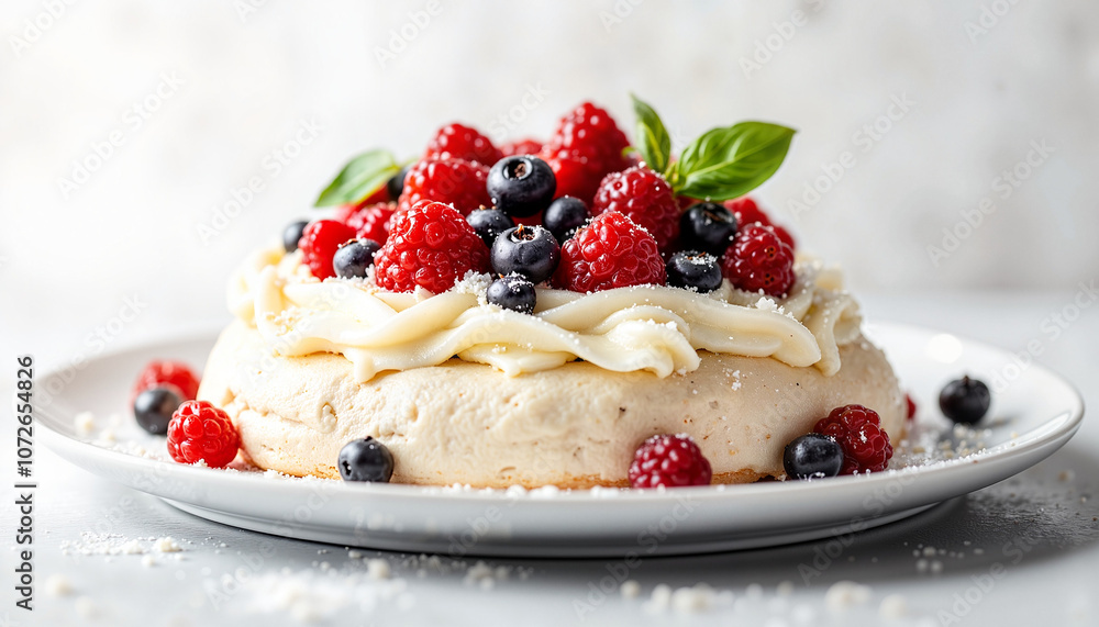 Berry pavlova with cream and fresh fruits on white plate Berry pavlova with cream and fresh fruits on white plate