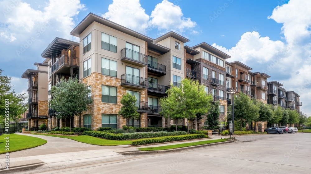 Fototapeta premium Modern Apartment Building with Green Landscaping