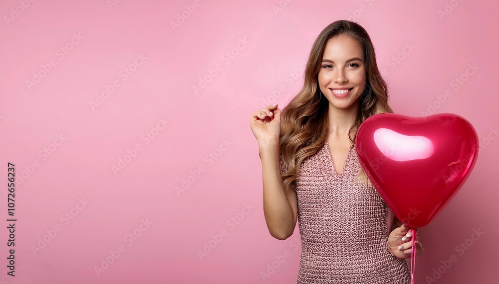 Happy young single women with beautiful heart-shaped balloo waiting his partner n on pink background. Valentine's Day celebration Happy young single women with beautiful heart-shaped balloo waiting his partner n on pink background. Valentine's Day celebration