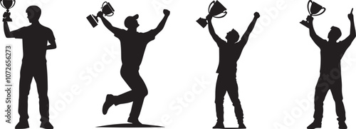 Silhouette of a winner on a podium with trophy in one hand, arms raised in triumph vector silhouette