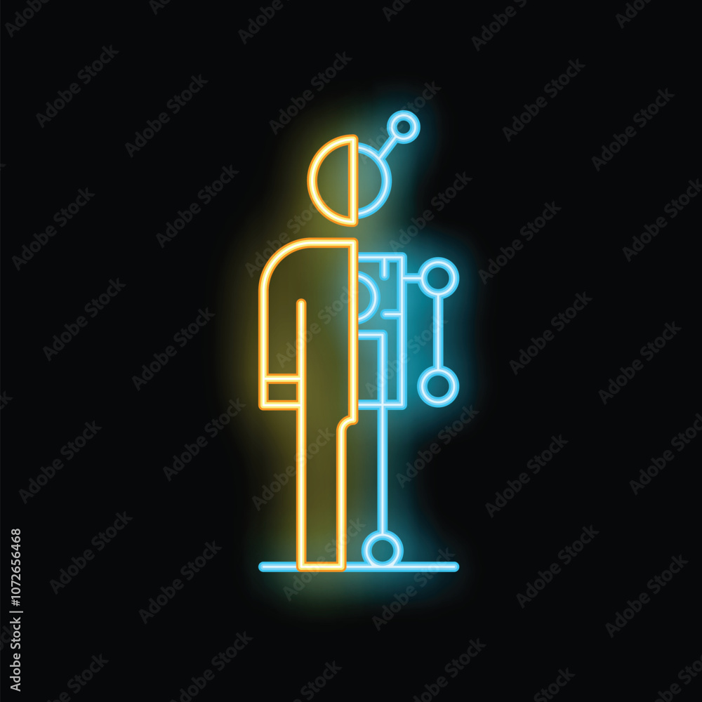 Neon sign illustrating the fusion of man and machine, representing the advancement and integration of artificial intelligence in society Neon sign illustrating the fusion of man and machine, representing the advancement and integration of artificial intelligence in society