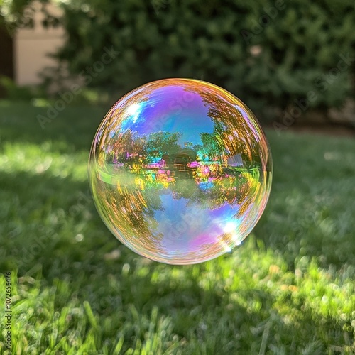 Beautiful soap bubble on the green grass in the park. Shallow depth of field