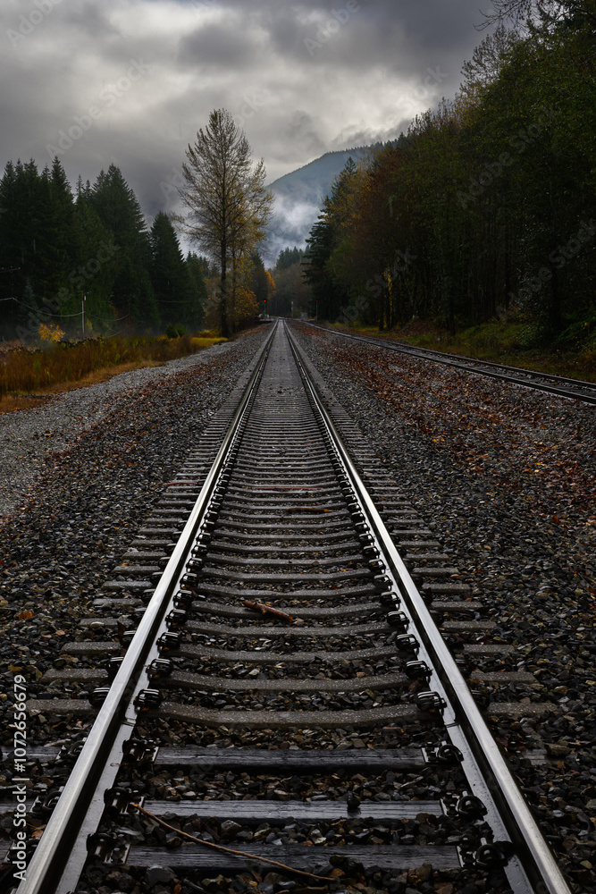 Moody wet day with cloudy sky at straight railroad track converging in distance Moody wet day with cloudy sky at straight railroad track converging in distance