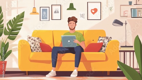 Comfortable man on couch, browsing social media at home