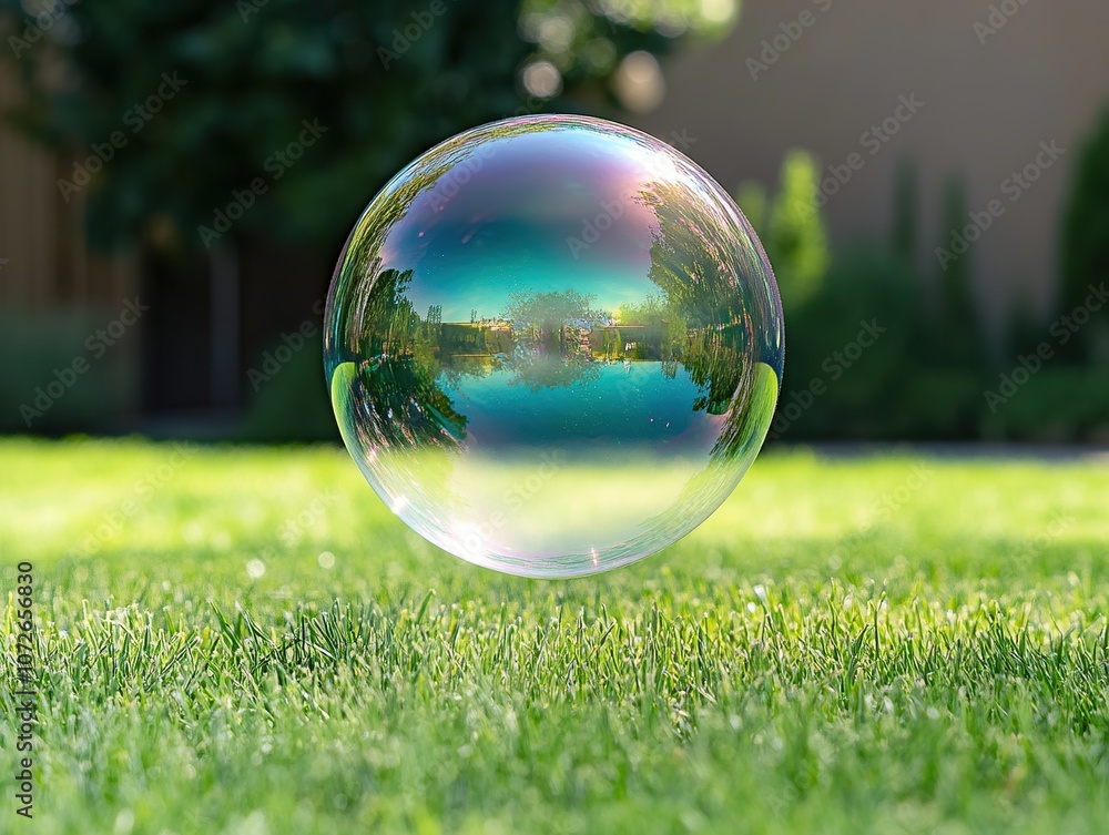 Beautiful soap bubble on the green grass in the park. Shallow depth of field Beautiful soap bubble on the green grass in the park. Shallow depth of field