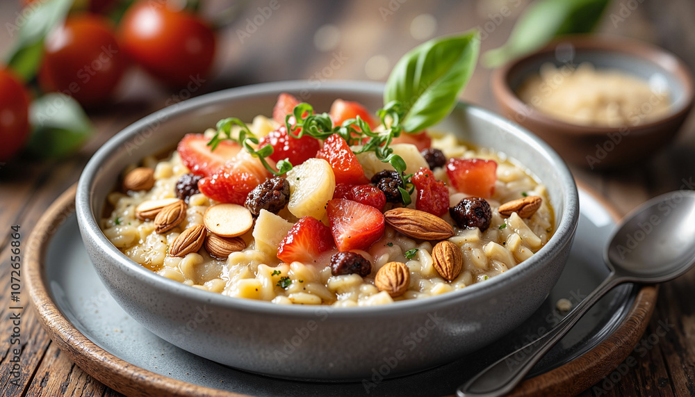 Creamy risotto with fruits, nuts, and herbs in gray bowl Creamy risotto with fruits, nuts, and herbs in gray bowl