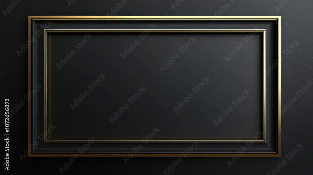 A horizontal black and gold frame with gold trim outside and a plain black interior on a white background A horizontal black and gold frame with gold trim outside and a plain black interior on a white background