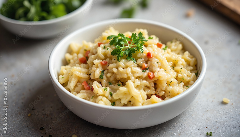 Creamy risotto with vegetables in white bowl Creamy risotto with vegetables in white bowl